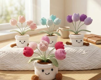 Tulipani all'uncinetto in vaso, rosa lavorata a maglia, vaso per piante, regalo per compleanno, anniversario, congratulazioni, scrivania dell'ufficio, decorazione della stanza