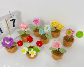 Crochet Flowers in Pot,Strawberry,Daisy,Rose,Lily of the Valley,Carnation Pot,Birthday,Anniversary,gift for Best Friend,Partner,Girlfriend