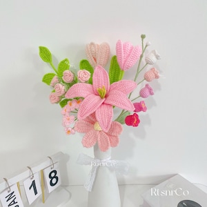 Crochet Pink Lily Flowers Bouquet,Crochet Flowers in a Vase,Housewarming,Congratulations,Birthdays,Anniversaries Gifts for Girlfriend,Mother