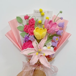 Crochet Pink Lily Flowers Bouquet,Knit Tulip,Rose Finished Bouquet,Birthday,Anniversary Gifts for Lover,Girlfriend,Mom,Coworker,Teacher,Her