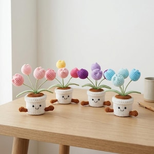 Tulipanes de ganchillo en maceta, rosas tejidas, macetas, regalos para cumpleaños, aniversarios, felicitaciones, regalos para pareja, padres, amigos, hijos.