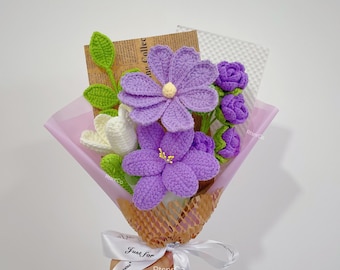 Bouquet di tulipani viola all'uncinetto, bouquet di rose, regalo di fiori per compleanno, anniversario, congratulazioni, laurea, fidanzata e amante.