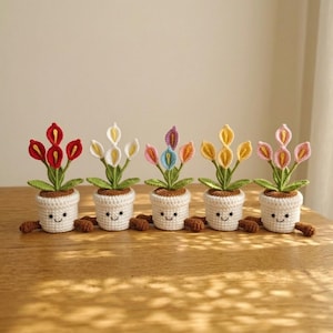 Pode incluir: Cinco plantas de copo-de-leite em crochê em pequenos vasos brancos com rostos sorridentes bordados. Cada planta apresenta três flores coloridas em vermelho, branco, multicolorido, amarelo e rosa, com folhas verdes e detalhes de terra castanha.