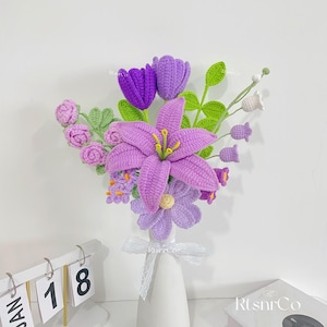 Crochet Lily Flowers Bouquet,Knit Pink Tulip,Lily of the Valley Bouquet,Birthday,Anniversary Gifts for Girlfriend,Boyfriend,Mom,Dad,Teacher