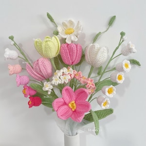 Buquê de flores de tulipa de crochê, rosa de tricô, tulipa, buquê de lírio-do-vale, presentes de aniversário para namorada, amante, esposa, irmã, mãe