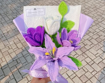Crochet Lily Tulip Flowers Bouquet,Forever Rose Daisy Flowers,Birthday,Anniversary,Back to School,Sympathy,Get Well Soon,Gifts For Friend