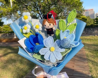 Crochet Graduation Bouquet,Knitted Grad Doll,Tulip,Rose,Gesang,Puffs Flowers Bouquet,Graduation Congratulatory Gift For Her/Him