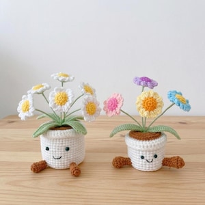 Op de afbeelding: Twee gehaakte bloempotten met lachende gezichten en bruine voetjes. Eén pot heeft witte madeliefjes met gele centra, de andere heeft roze, gele, paarse en blauwe bloemen. De potten zijn wit met groene bladeren.