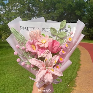 Crochet Pink Lily Flowers Bouquet,Knit Rose,Tulip,Lily of the Valley Bouquet,Birthday,Anniversary Gifts For Girlfriend,Wife,Mother,Daughter