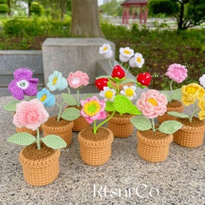 May include: A selection of handmade crochet flowers in small brown pots. The flowers are various colours, including pink, yellow, purple, and white, with green leaves. The pots are arranged on a textured surface.