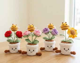Christmas Gift,Crochet Flowers Bee in Pot,Knit Sunflowers,Rose Flowers,Plant Pot,Birthday,Anniversary,Congratulations Gifts,Office Desktop