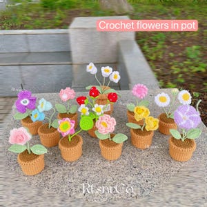 Könnte beinhalten: Eine Sammlung gehäkelter Blumen in kleinen braunen Töpfen. Die Blumen sind in verschiedenen Farben, darunter Rosa, Gelb, Lila und Weiß, mit grünen Blättern. Der Text "Crochet flowers in pot" ist sichtbar.