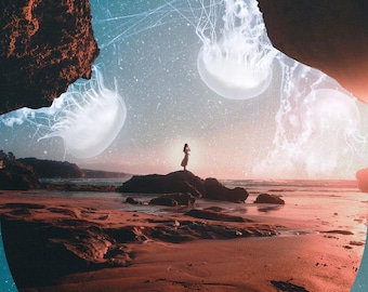 Surreal Beach Girl Art Print: Ocean Dreamscape, Jellyfish Sky (A3 Digital Download)