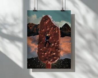 Lámina artística surrealista de un escalador de montaña con helado, collage de galaxia onírica (descarga digital)