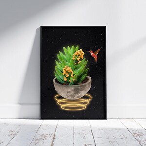 Moon Succulent Digital Print: Surreal Hummingbird Collage (Instant Download A3 Size JPG)