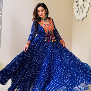 Designer Navratri Ruffle Gown | 7-MTR Flare Georgette Dress | Mirror Work & Fancy Tassels | Embroidered Ethnic Party Wear, Gift for her