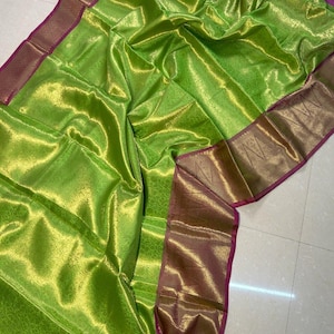 Green Royal Semi Kanjivaram Tissue Silk Saree | Rich Zari Weaving Design, Scallop Weaved Border & Rich Pallu | Brocade Blouse, Gift for her