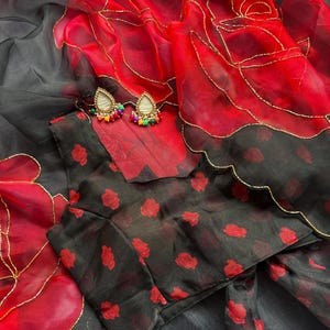 Elegant Organza Digital Print Saree | Handwork Aarka & Katdana Border | Unstitched Silk Blouse, Gift for her,