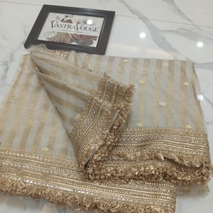 Banarasi Tissue Silk Saree with Zari Weaving & Heavy Lace | Brocade Unstitched Blouse | Wedding Bridal Saree, Gift for her, Beige Stripe