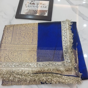 Banarasi Tissue Silk Saree with Zari Weaving & Heavy Lace | Brocade Unstitched Blouse | Wedding Bridal Saree, Gift for her, Bright Blue