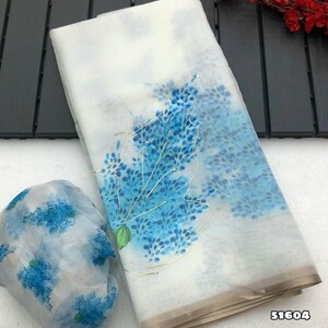 Sari de seda de organza pura de primera calidad, hermosas impresiones digitales que funcionan como elegante sari de cóctel, sari de novia, sari de boda, regalo para ella
