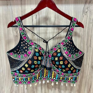 Navratri Special Real Mirror Work Blouse, Multi-Thread Embroidery | Kaudi Lace | Soft Italian Fabric | Size 40-42 | Back Open with Latkans