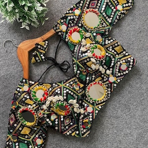 Real Mirror Work Blouse Multi-Thread Embroidery, Real Kaudi | Soft Italian Fabric | Heavy Padded |Back Open with Latkans | Navratri Special