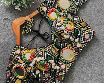 Real Mirror Work Blouse Multi-Thread Embroidery, Real Kaudi | Soft Italian Fabric | Heavy Padded |Back Open with Latkans | Navratri Special