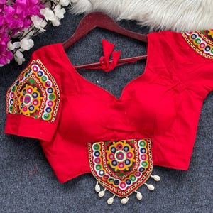 Navratri Designer Work Blouse, Heavy Mirror Work & Embroidery | Kaudi Lace | Magic Cotton | Size 38-42 | 10 Festive Colors, Gift for her