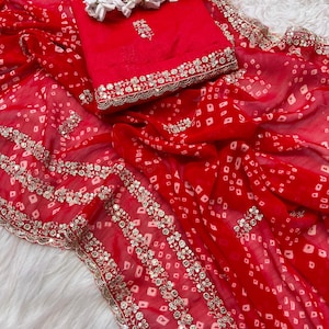 Beautiful Georgette Bandhej Bandhni Saree with all over zari embroidery work, Bridal sare, Wedding Saree, Partywear Saree, Gift for Her