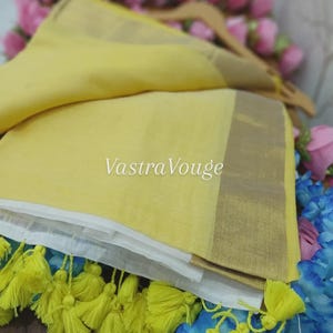 Gelber weißer Mulmul Saree, weich & leicht | Goldborte Quasten | Kerala Kasavu-Stil | Sommer Perfekt | Keine Bluse, Geschenk für sie