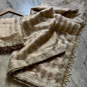 Banarasi Tissue Silk Saree with Zari Weaving & Heavy Lace | Brocade Unstitched Blouse | Wedding Bridal Saree, Gift for her, Beige Stripe
