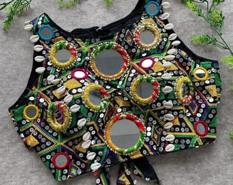 Navratri Special Blouse, Real Mirror Work Heavy Embroidery | Back-Open | Padded | 10 Festive Colors | Size 38 (Alterable to 42) Gift for her