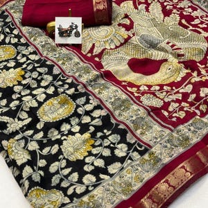 Soft Mangalagiri Silk Saree with Pen Kalamkari Design | Contrast Zari Weaving Hamsa Border | Traditional Handloom Saree with Blouse
