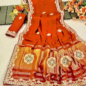 Karwa Chauth, especial de Diwali: sari con estampado digital de organza suave / aarka hecha a mano, borde de katdana / blusa de seda de organza sin coser, regálale