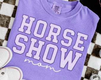 Reiter-T-Shirt: Lila kariertes Pferd Show Mom Shirt