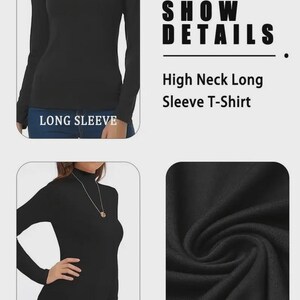 Pu&ograve; includere: T-shirt nero a maniche lunghe con collo alto. L'immagine mostra le caratteristiche della maglietta, tra cui le maniche lunghe e il tessuto super morbido. Il testo sull'immagine recita "SHOW DETAILS", "High Neck Long Sleeve T-Shirt", "LONG SLEEVE", "HIGH NECK" e "SUPER SOFT FABRIC".