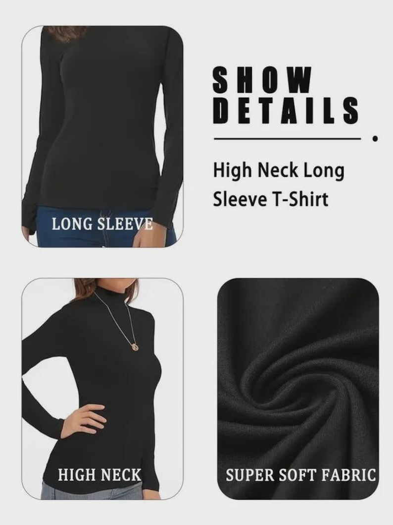 Pu&ograve; includere: T-shirt nero a maniche lunghe con collo alto. L'immagine mostra le caratteristiche della maglietta, tra cui le maniche lunghe e il tessuto super morbido. Il testo sull'immagine recita "SHOW DETAILS", "High Neck Long Sleeve T-Shirt", "LONG SLEEVE", "HIGH NECK" e "SUPER SOFT FABRIC".