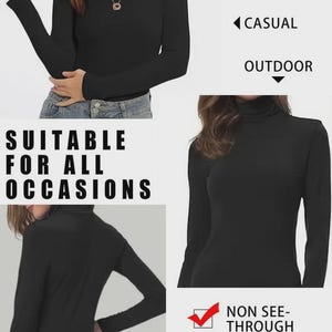 Pu&ograve; includere: Top nero a maniche lunghe con collo alto. L'immagine mostra il top da pi&ugrave; angolazioni, evidenziandone le caratteristiche. Il testo sull'immagine recita "Adatto a tutte le occasioni", "Casual", "Outdoor", "Non trasparente" e "Elasticizzato in 4 direzioni".
