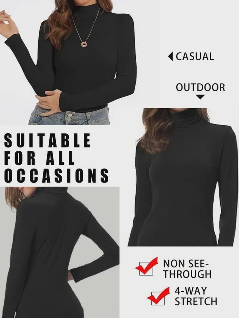 Pu&ograve; includere: Top nero a maniche lunghe con collo alto. L'immagine mostra il top da pi&ugrave; angolazioni, evidenziandone le caratteristiche. Il testo sull'immagine recita "Adatto a tutte le occasioni", "Casual", "Outdoor", "Non trasparente" e "Elasticizzato in 4 direzioni".