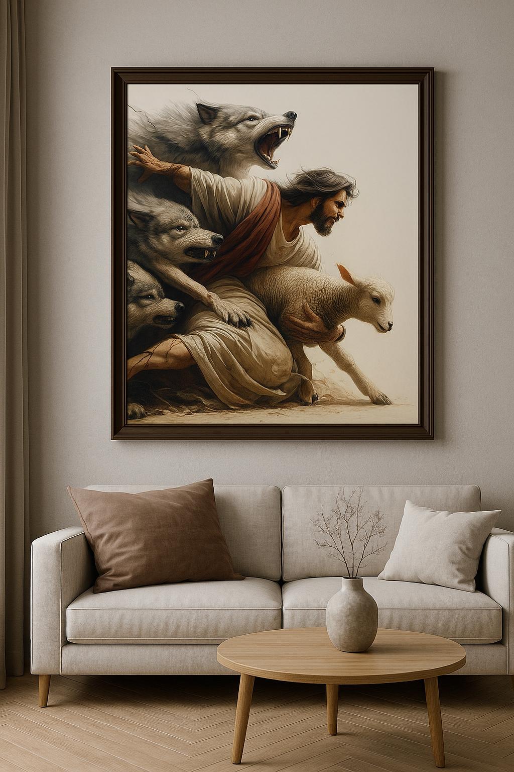 Jesus Protecting Lamb from Wolves - Christian Digital Art Print, Spiritual Wall Decor, Religious Printable Poster, Faith Artwork