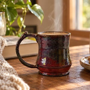 May include: A handmade ceramic mug with a glossy, mottled glaze featuring deep shades of red, black, and hints of green. The mug has a sturdy, curved handle and contains a steaming hot beverage, with visible wisps of steam rising from the top.
