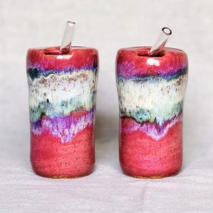 Hand Thrown Ceramic Travel Tumbler – 8 oz Raspberry Fizz Pottery Cup with Glass Straw