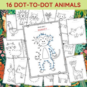 May include: A collection of 16 dot-to-dot animal puzzles. The cover reads "16 DOT-TO-DOT ANIMALS" in red text. One puzzle features a monkey with the text "WHO AM I? MONKEY". Other animals include a lion, fox, and giraffe.
