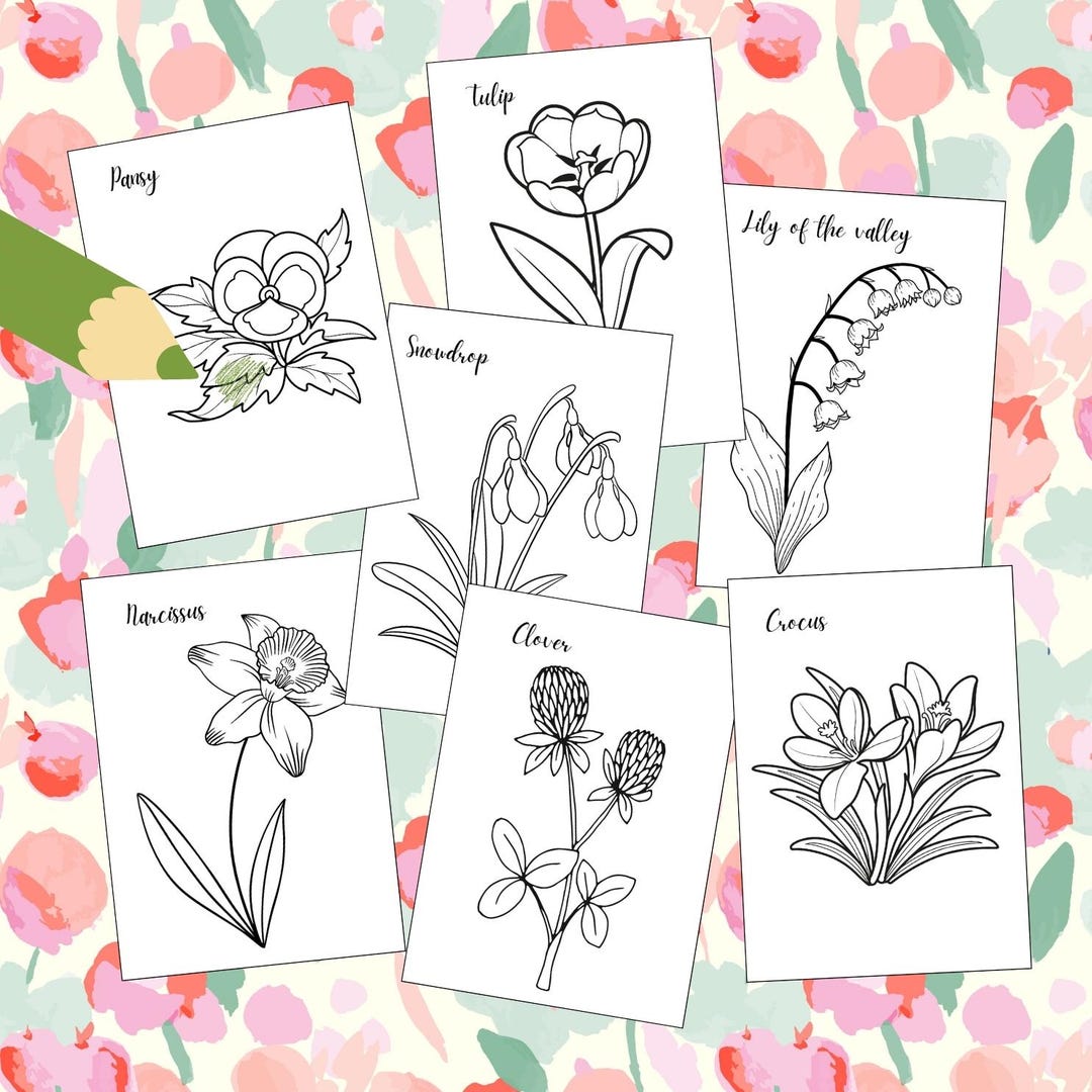 Spring Flowers Coloring Pages for Kids Adults, Digital Printable ...