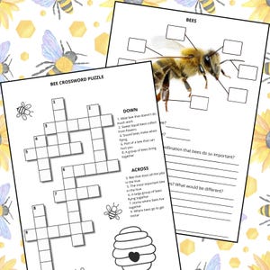 Puede incluir: Dos hojas de trabajo educativas con actividades temáticas de abejas. Una es un crucigrama con pistas sobre abejas, y la otra es un diagrama que etiqueta las partes de una abeja. El fondo presenta abejas y patrones de panal en acuarela.