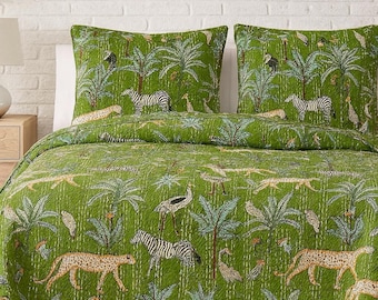 Green Jungle Safari Kantha Quilt, Handmade Indian Cotton Bedspread, Boho Animal Print Blanket
