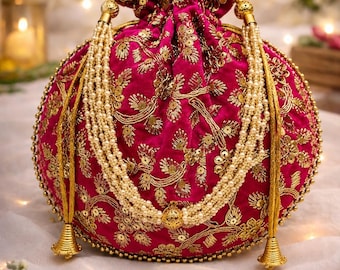 Bolso Potli rosa bordado hecho a mano / Bolso de mano nupcial con asa de perlas (bolso de boda indio)