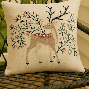 Christmas Reindeer Embroidered Cushion Cover 16x16 Cotton Decorative Throw Pillow for Holiday Decor | Rustic Winter Sofa Accent&quot;