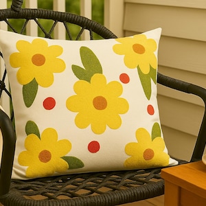 Yellow Daisy Embroidered Cushion Cover 16x16 Throw Pillow for Spring Porch & Home Decor